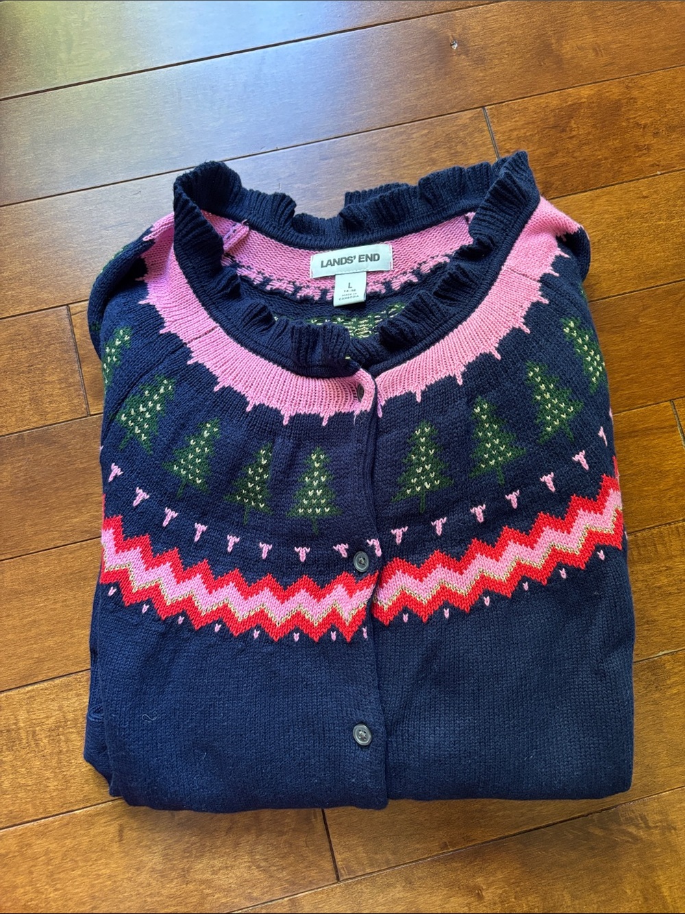 Lands' End Women Fair Isle Cardigan with Pink, Green & Red Accents, Size Large